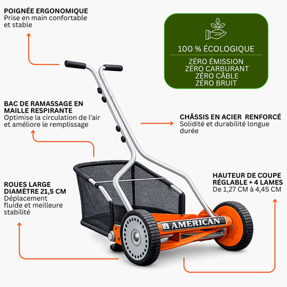 Pack tondeuse manuelle hélicoïdale 4 lames et bac ramassage