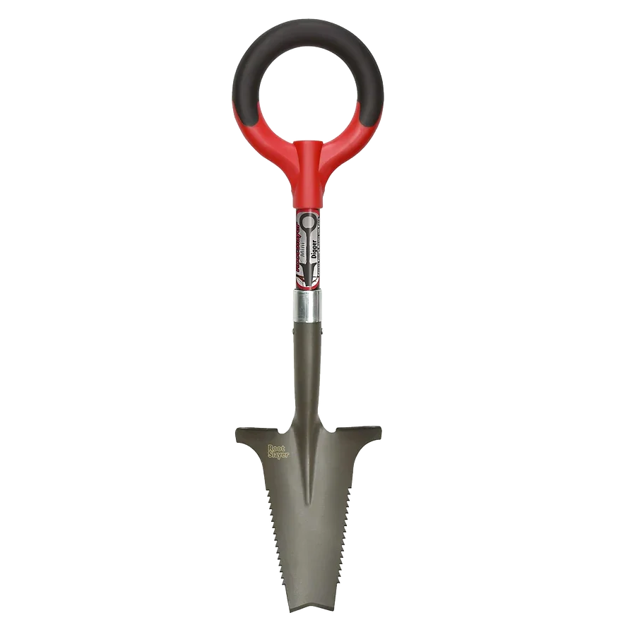 Pelle de jardinage à lame dentelée et manche circulaire rouge et noir sur fond blanc