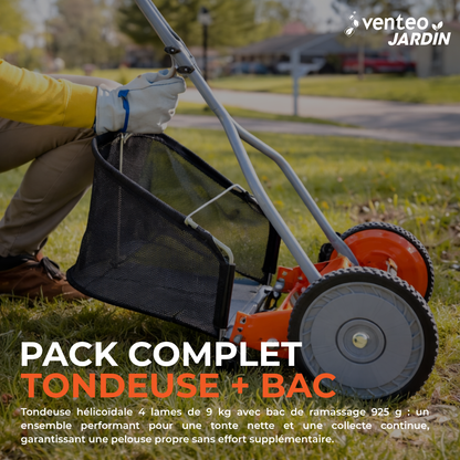 Pack tondeuse manuelle hélicoïdale 4 lames et bac ramassage